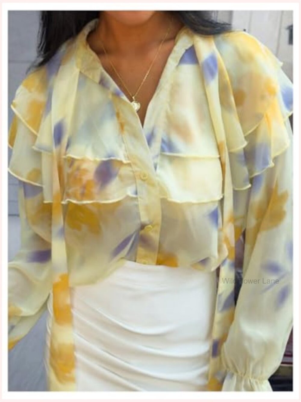 Floral Ruffle Blouse Tie Neck Bell Sleeve Layered Top - Picture 4 of 5